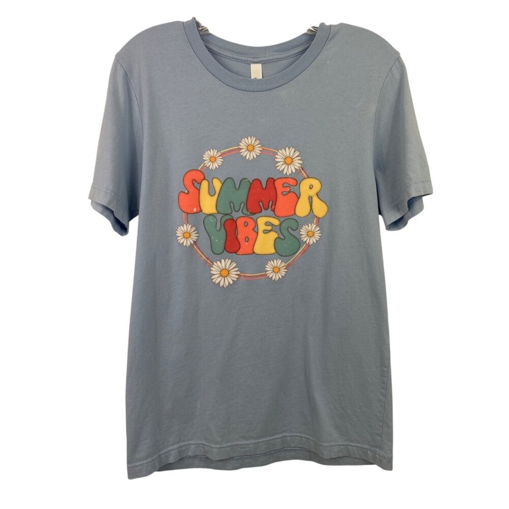 Summer Vibes Blue Short Sleeve Graphic Print T-shirt Women Size Med Bella Canvas